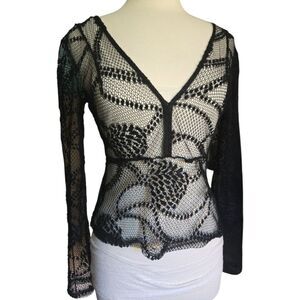 Silence + Noise Black Mesh Plunging Neckline Top - M